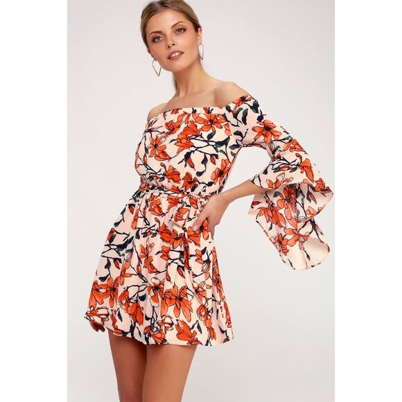 Lulus Dress Womens Medium Blushing Blooms Orange Multi Floral Off Shoulder Mini* - Picture 1 of 13